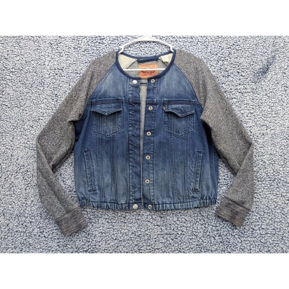 Levis Hybrid Denim Trucker Jacket Womens LG Snap Button Up Bomber Western Blue - Picture 1 of 16